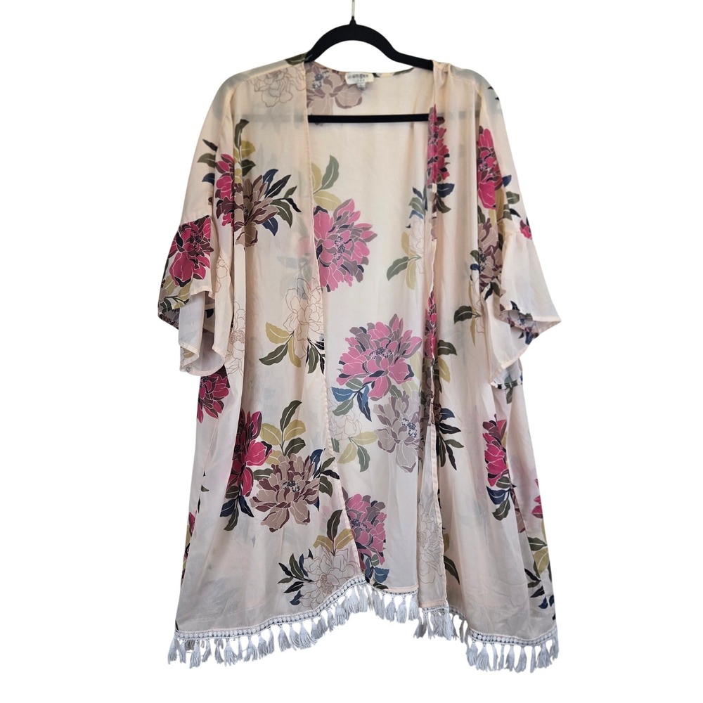 Umgee Floral Kimono Cardigan Large Sheer Beige Pink Tassels Bohemian Romantic‎